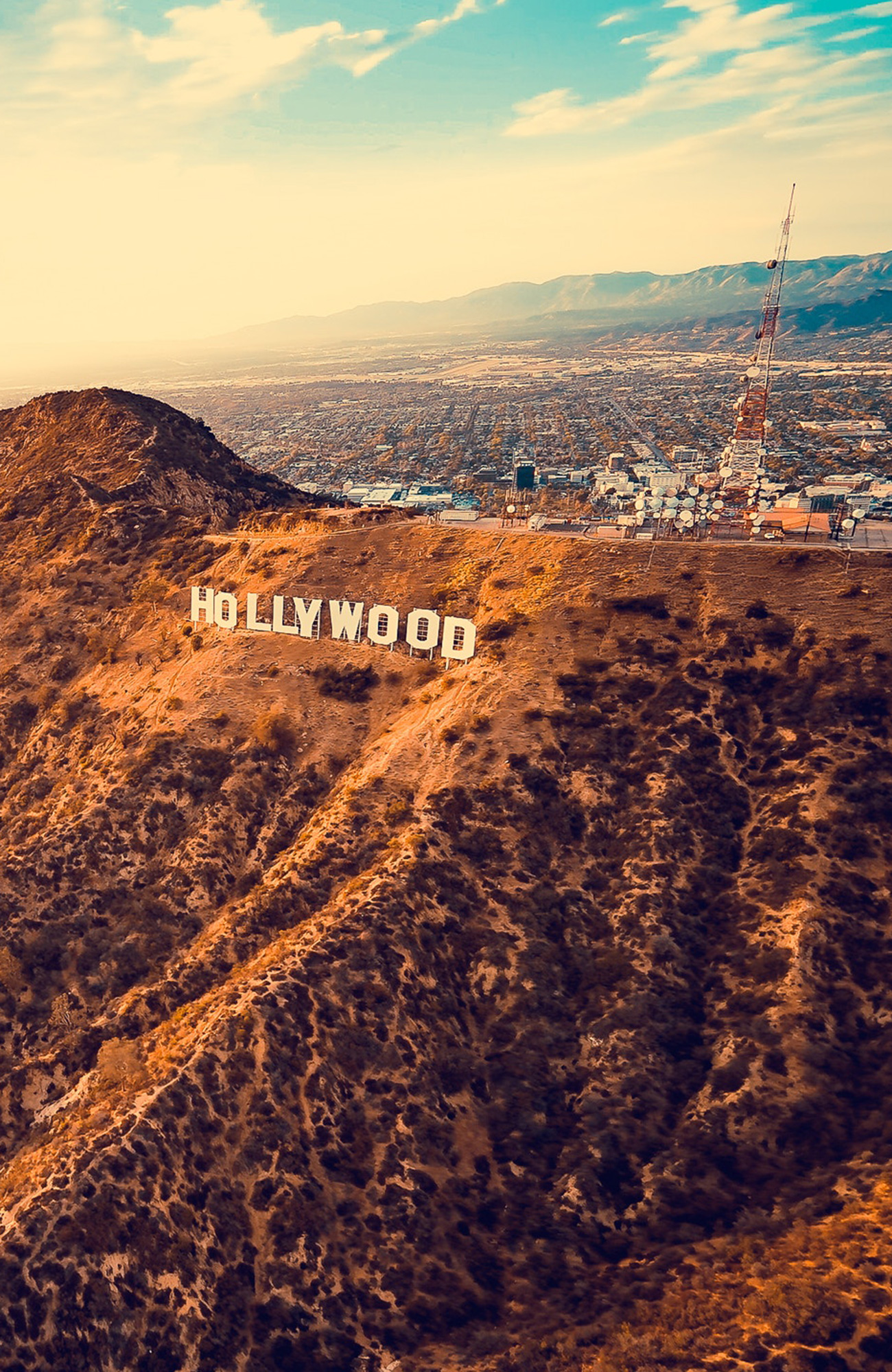 The hollywood sign in LA seen from an airplane