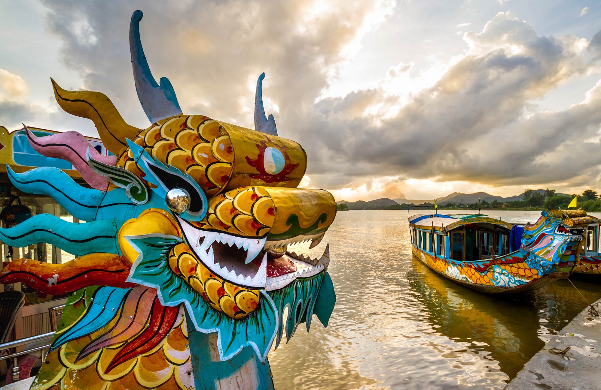 Dragon boats in the town of Hue in Vietnam