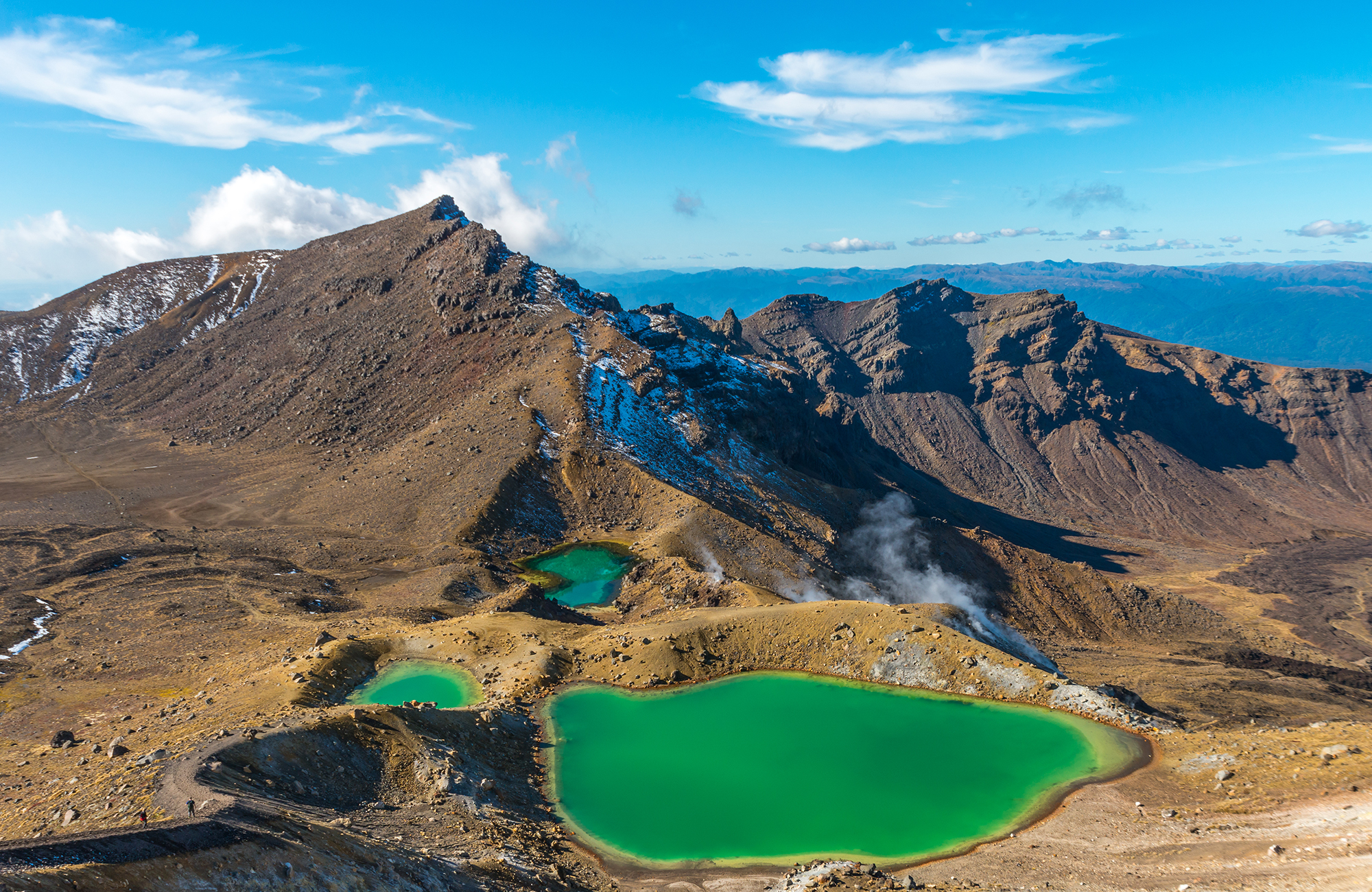 Lookout over crater lakes in Tongariro National Park in New Zealand