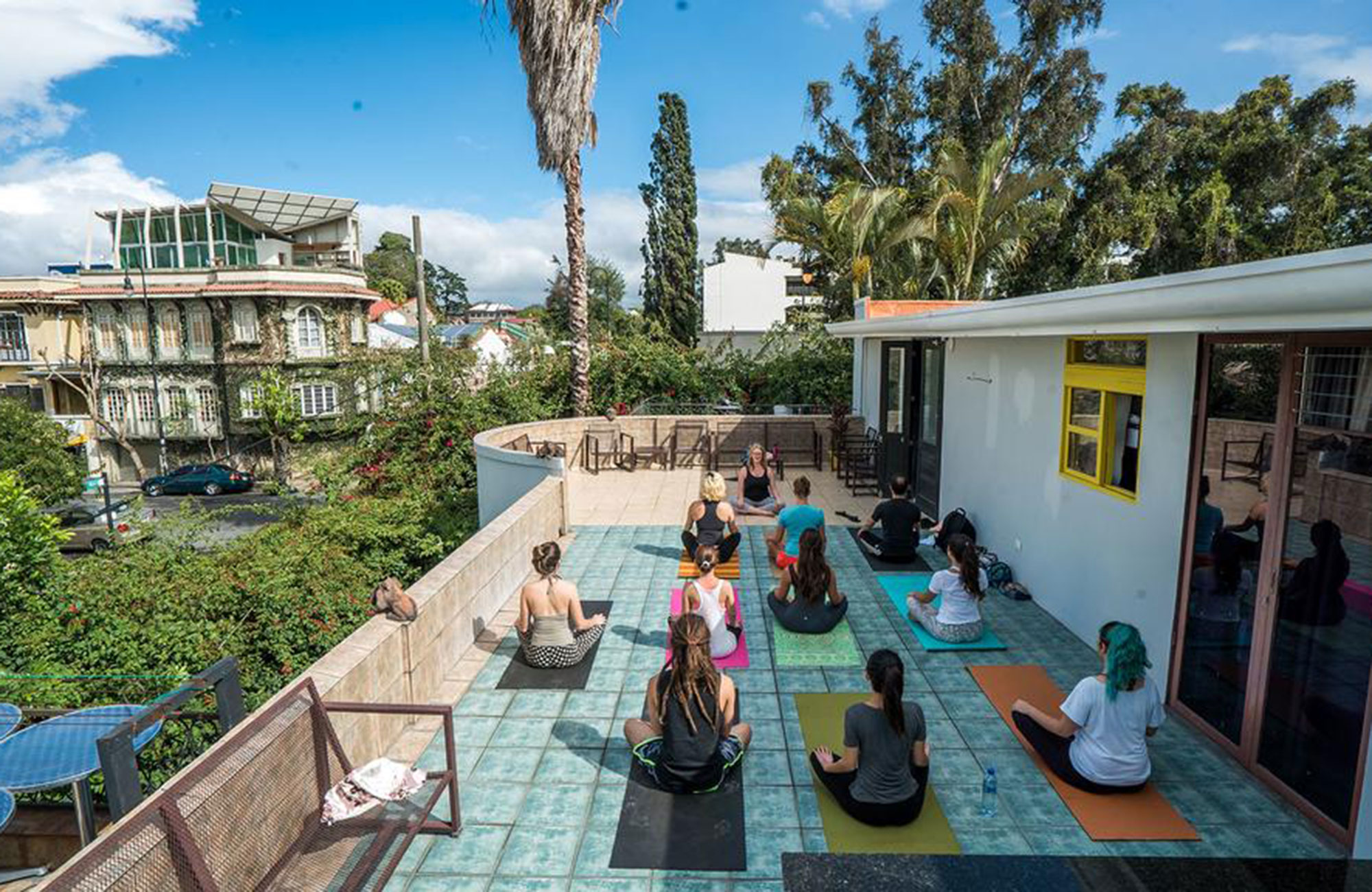 Yoga classes on the rooftop of the Selina Hostel in San Jose, Costa Rica