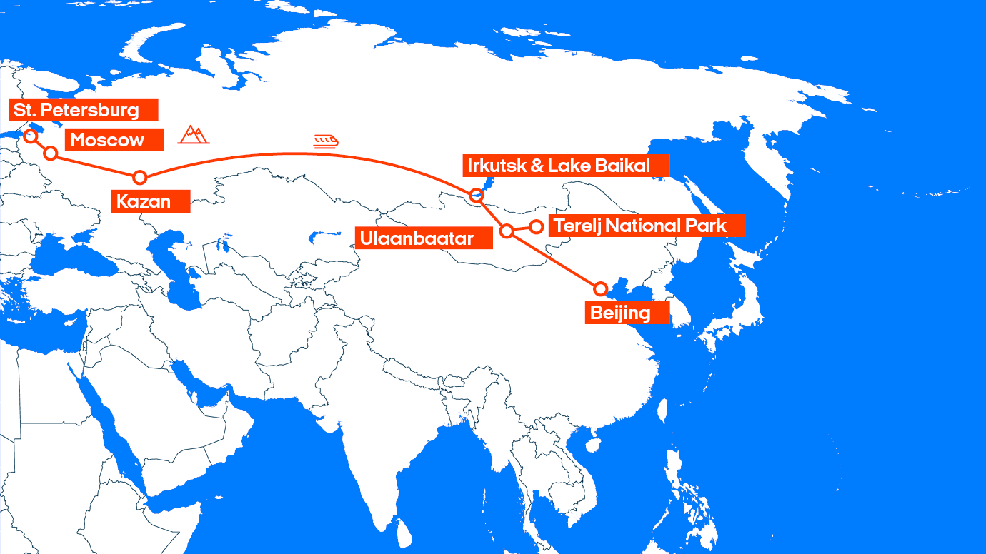 Trans Mongolian railway route map - St. Petersburg to Beijing