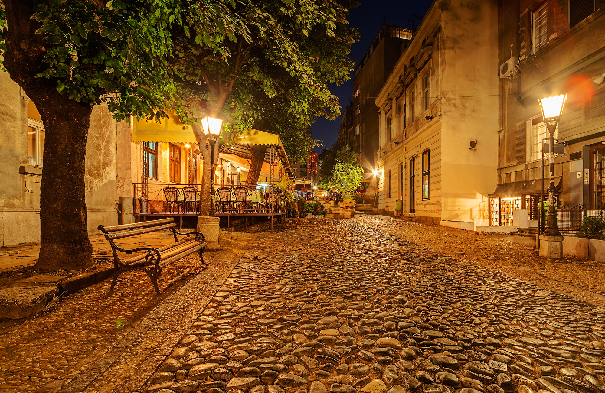 Belgrade Cobbled Street Nighttime