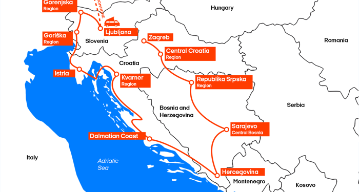 Slovenia Croatia Bosnia Roadtrip Map 1380X776px