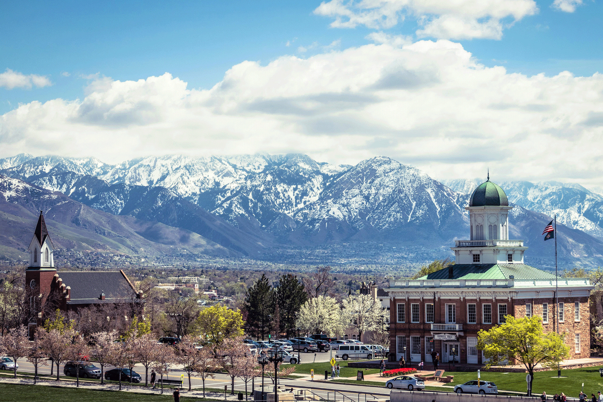 Church and community building in Salt Lake City, with the Wasatch Mountain Range in the background