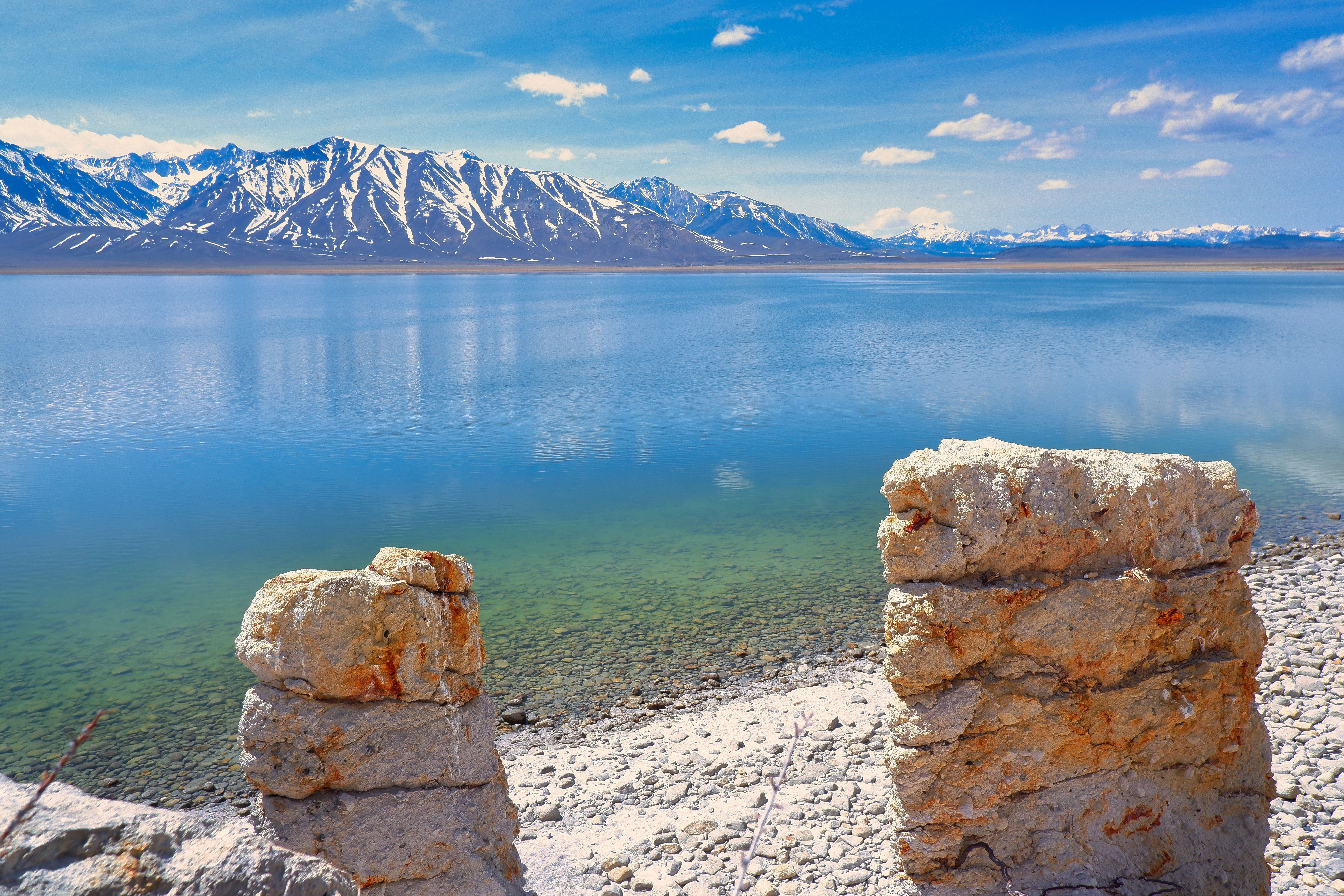 Lake Crowley with ultra clear water, and a stunning mountainous backdrop