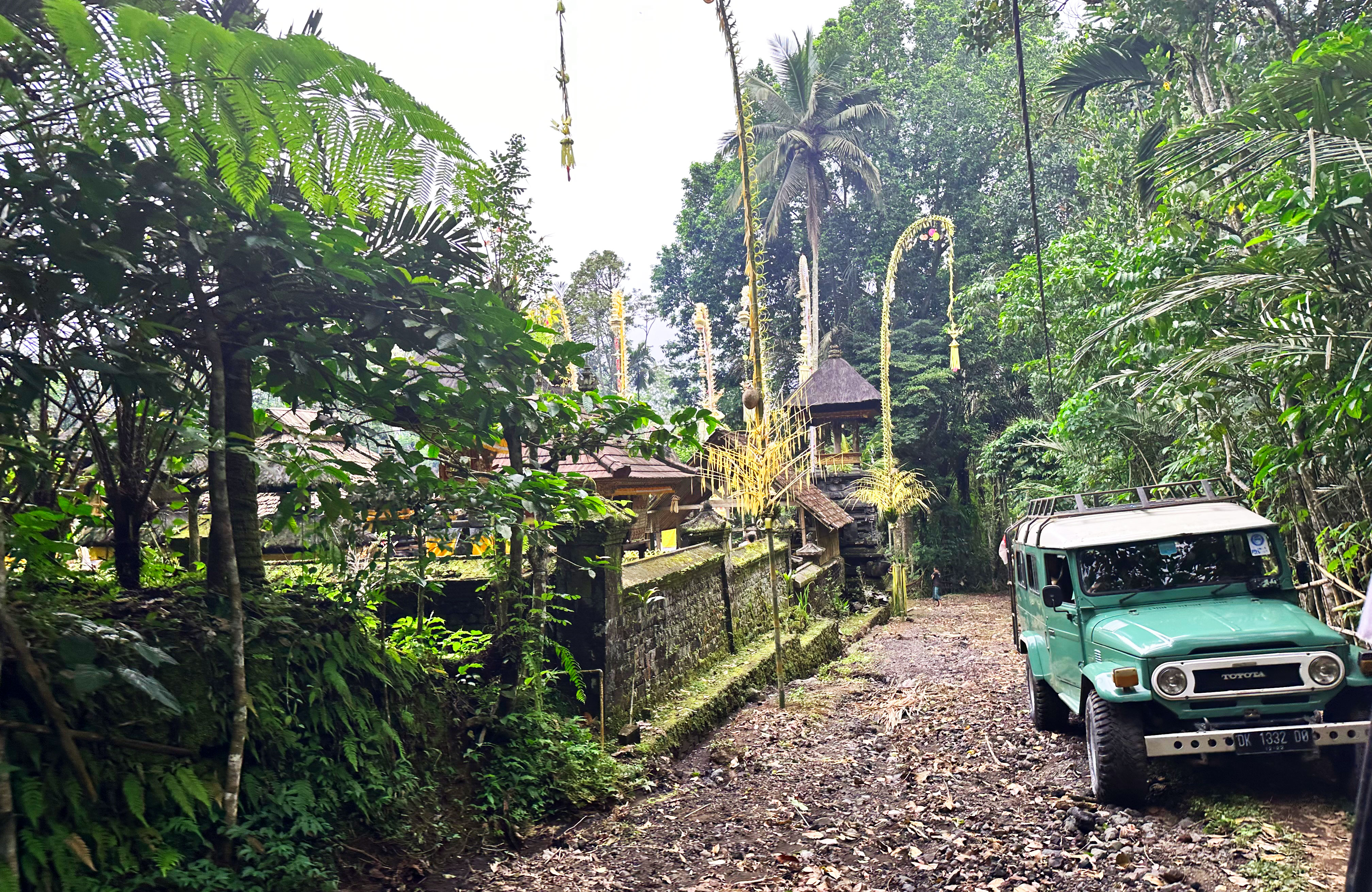 A 4x4 car parked in the jungle near a temple on Bali