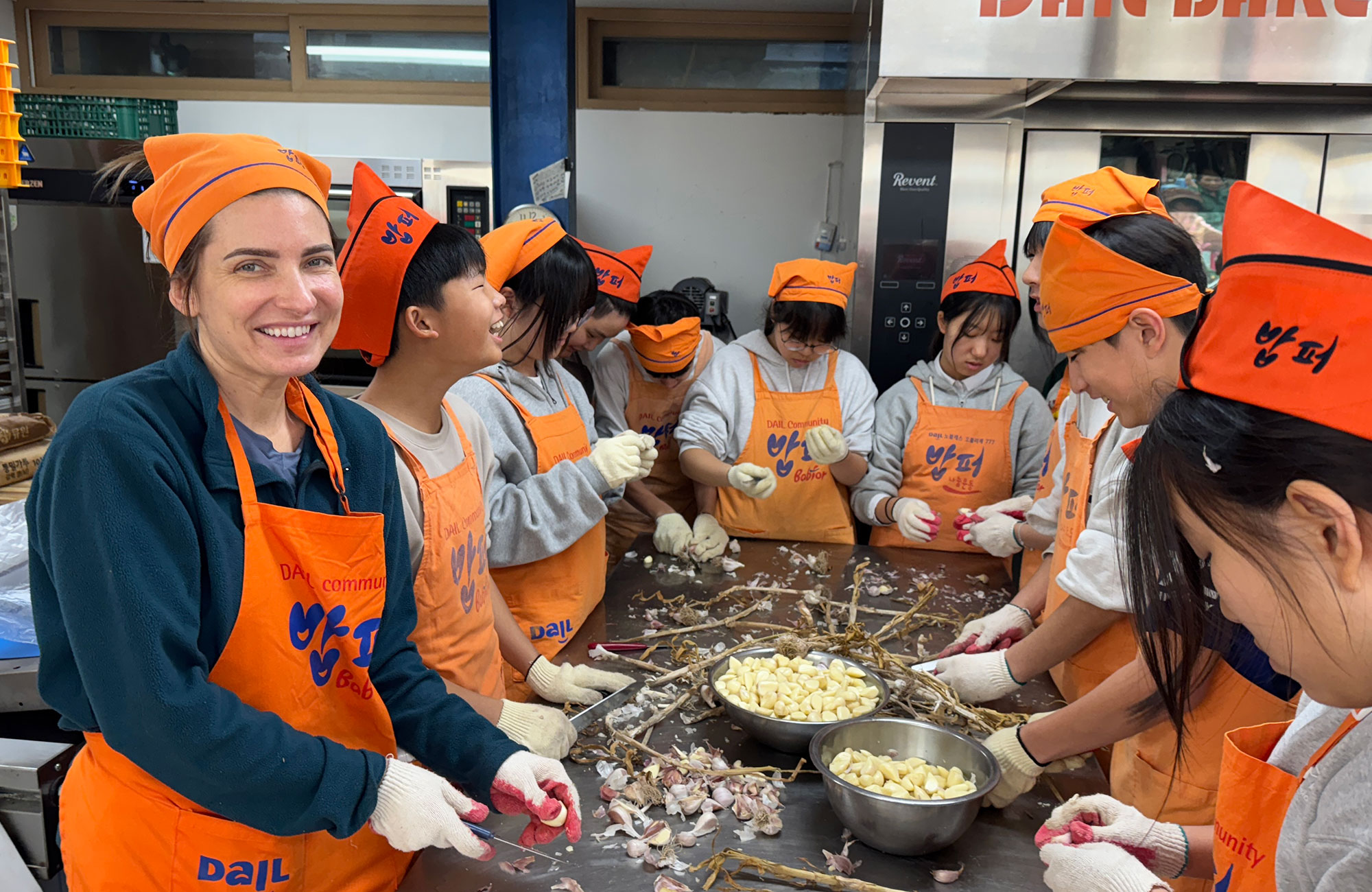 Prep work in the soup kitchen volunteering project in South Korea